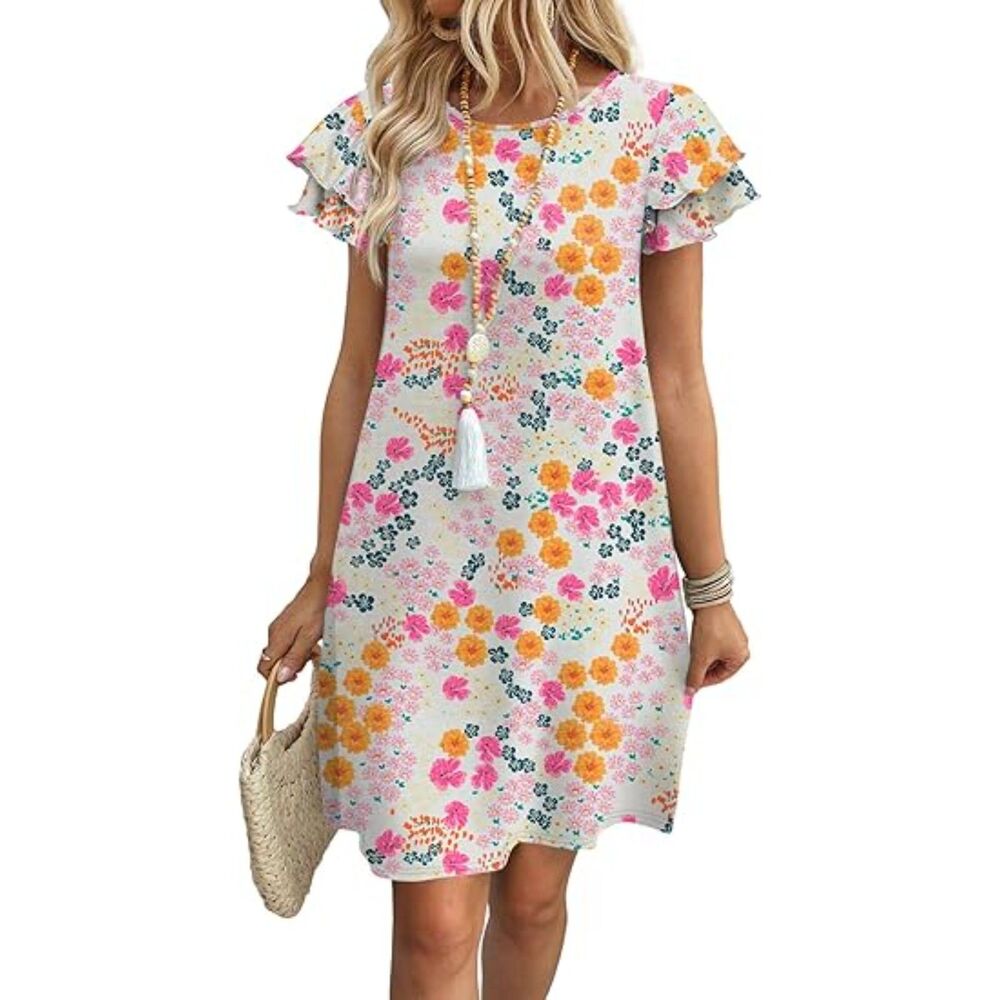 Women's Yalow Ruffle Sleeve Round Neck Loose With Pockets Plain Print Dress